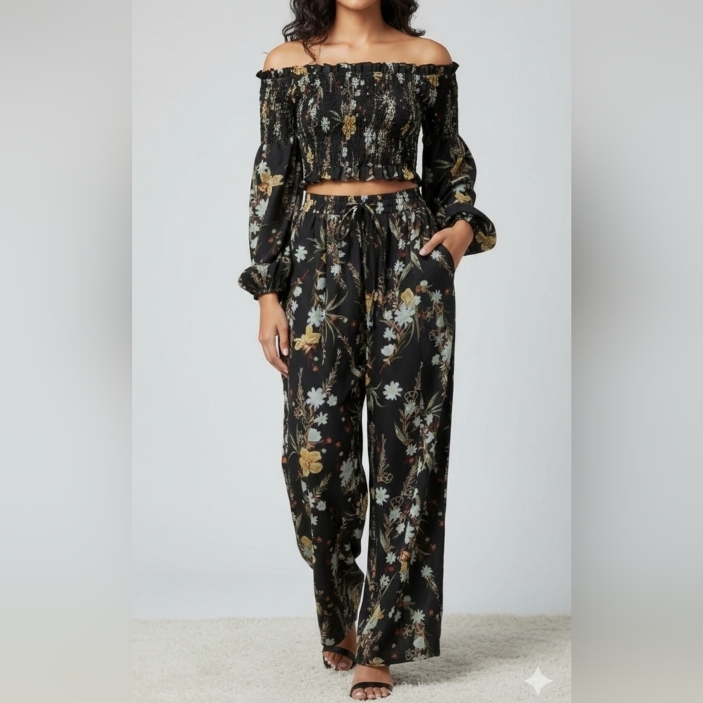 Women's Smocked Chiffon Balloon Sleeve Blouse/ Palazzo Pants 2pc BLACK XS/S